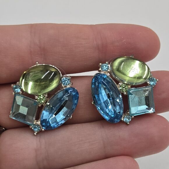 Vintage 1990's AVON Green & Blue Rhinestone Statement Pierced Earrings Large - Picture 1 of 4